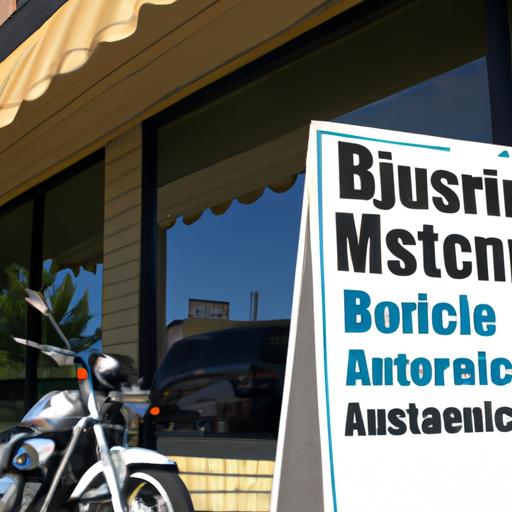 A motorcycle parked in front of an insurance agency, proudly advertising the best rates for motorcycle insurance.